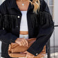 Women's Washed Studded Fringed Denim Jacket Top