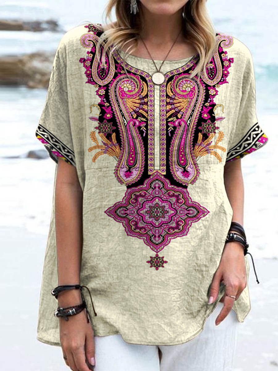 Women's Boho Graphic Printed Cotton and Linen Top