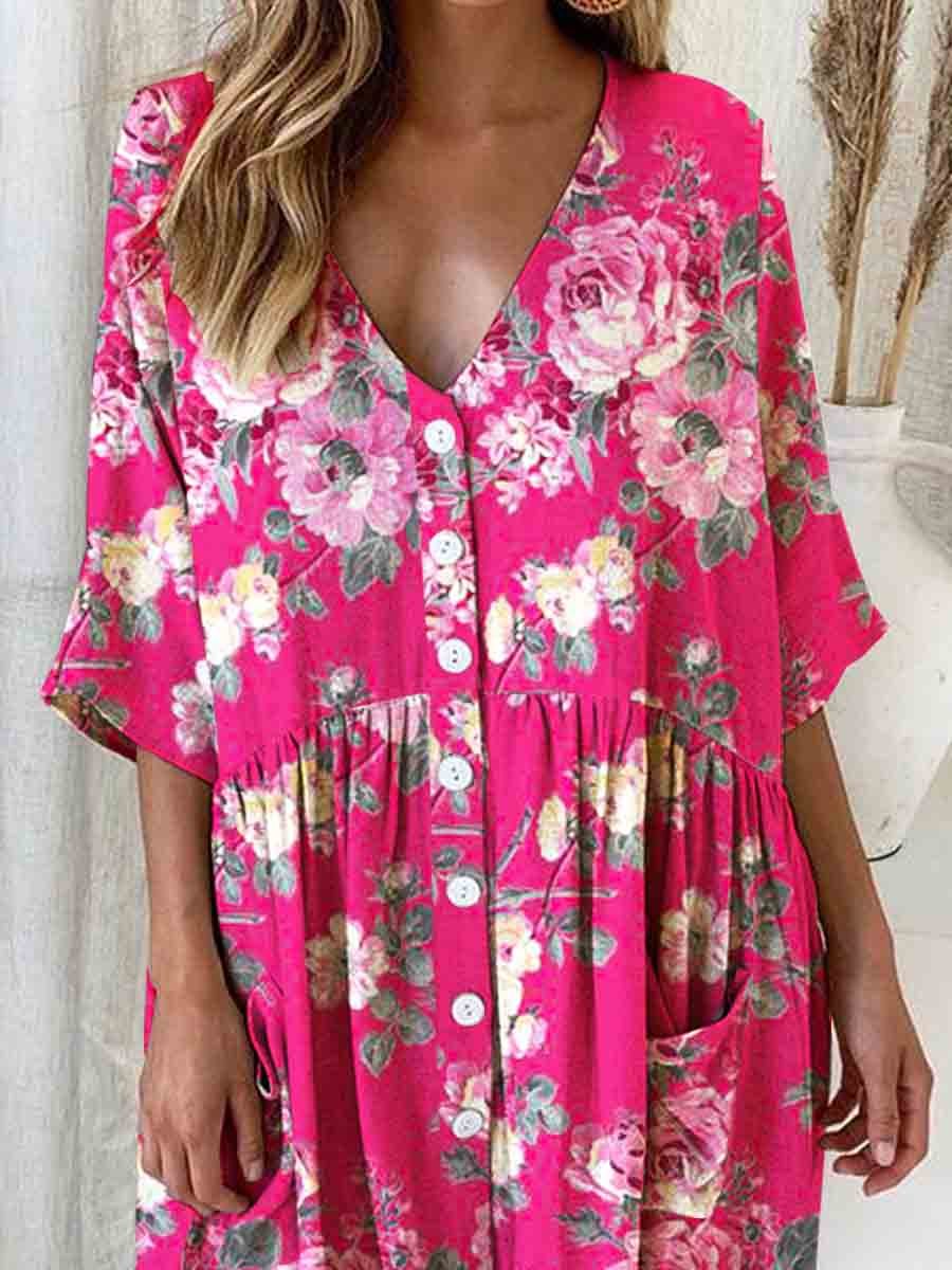 Women's Elegant Rose Floral Print Cotton and Linen Dress