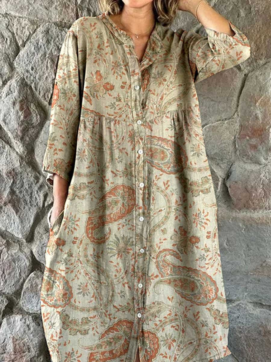 Women's Elegant Pastoral Floral Cotton and Linen Dress