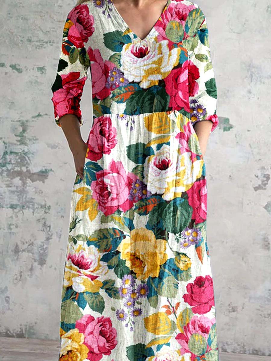 Women's V Neck Art Rose Floral Pattern Dress With Pockets