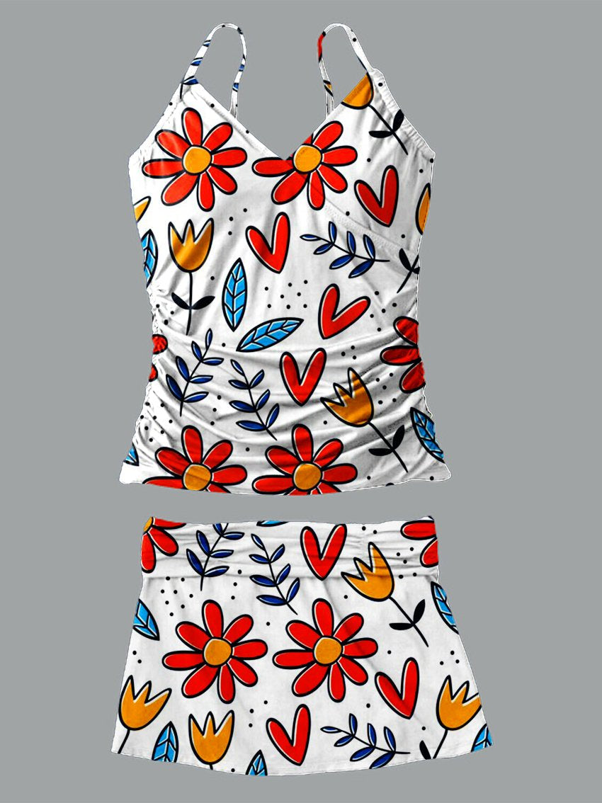 Women’s V-neck Color Floral Print Suspender Skirt Tankini Set Swimsuit