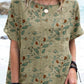 Women's Elegant Decorative Floral Pattern Round Neck Cotton and Linen Top