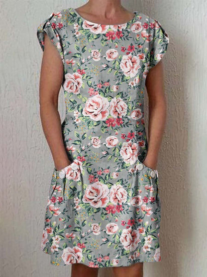 Women's Elegant Floral Cotton and Linen Dress