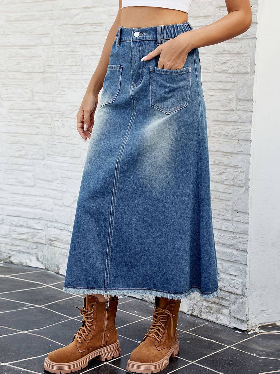 Women's Washed Raw Edge Denim Skirt