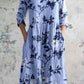 Women's Elegant Ink Painting Floral Pattern Cotton and Linen Dress with Pockets