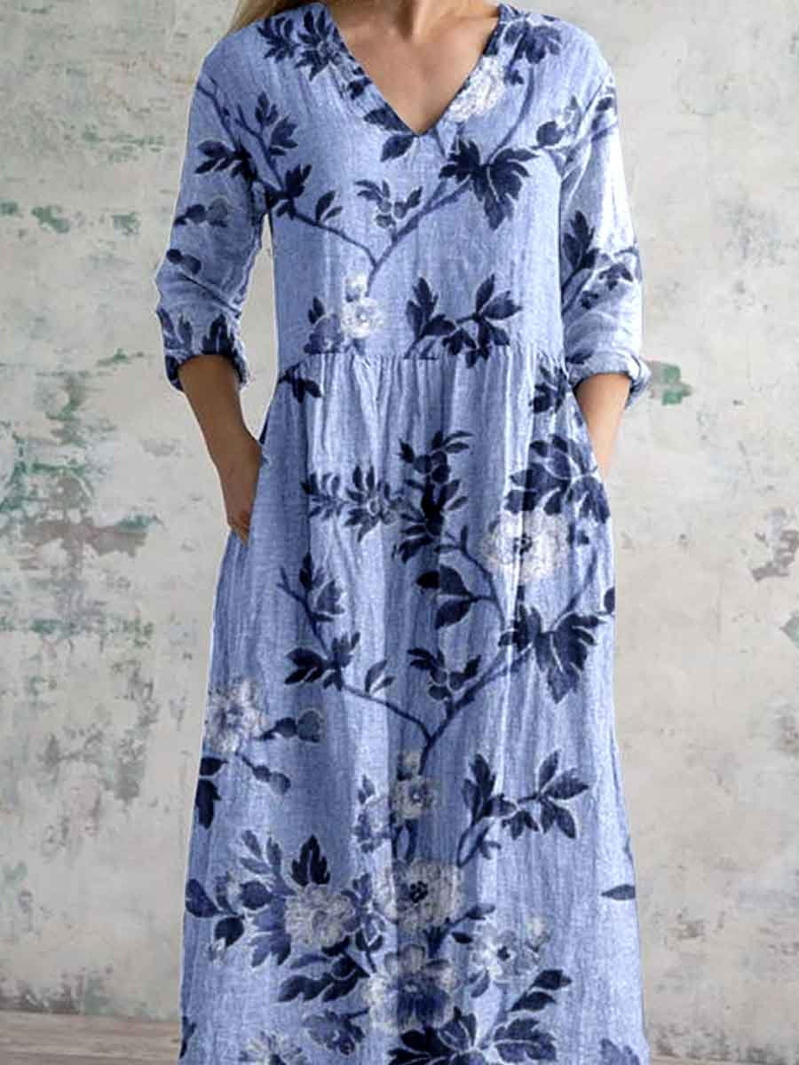 Women's Elegant Ink Painting Floral Pattern Cotton and Linen Dress with Pockets