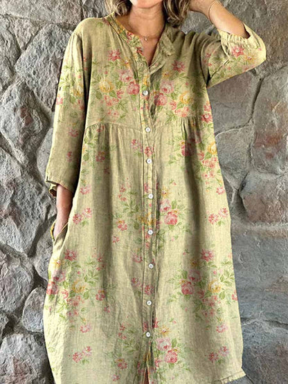 Women's Elegant Simple Floral Pattern Shirt Cotton and Linen Dress with Pockets