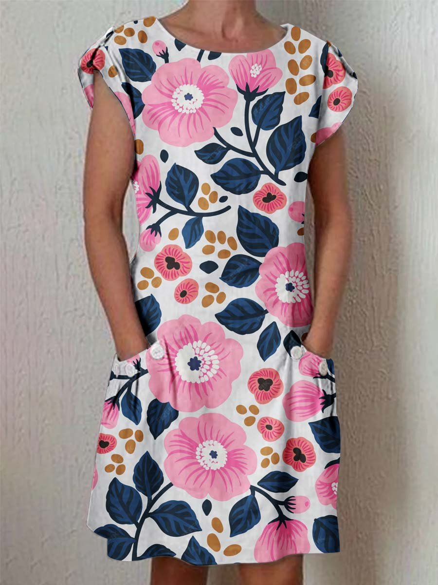 Women's Elegant Floral Cotton and Linen Dress