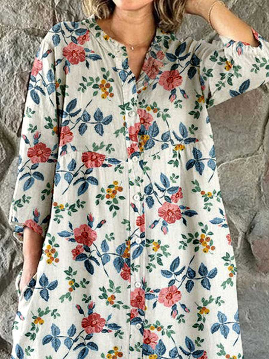 Women's Elegant Floral Pattern Shirt Style Cotton and Linen Dress