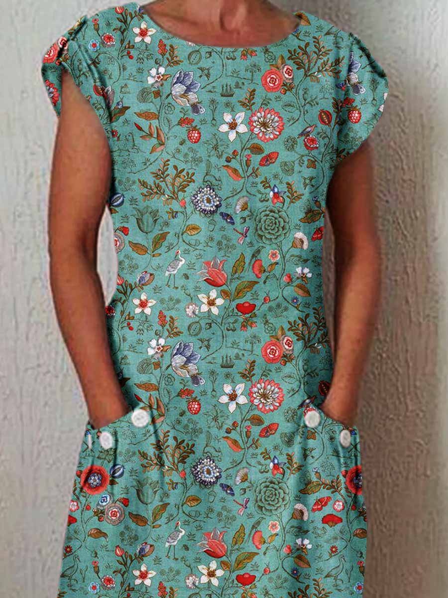 Women's Elegant Rose  Rose Floral Pattern Cotton and Linen Dress with Pockets