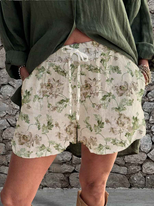 Women's Summer Elegant Simple Floral Linen Strappy Shorts