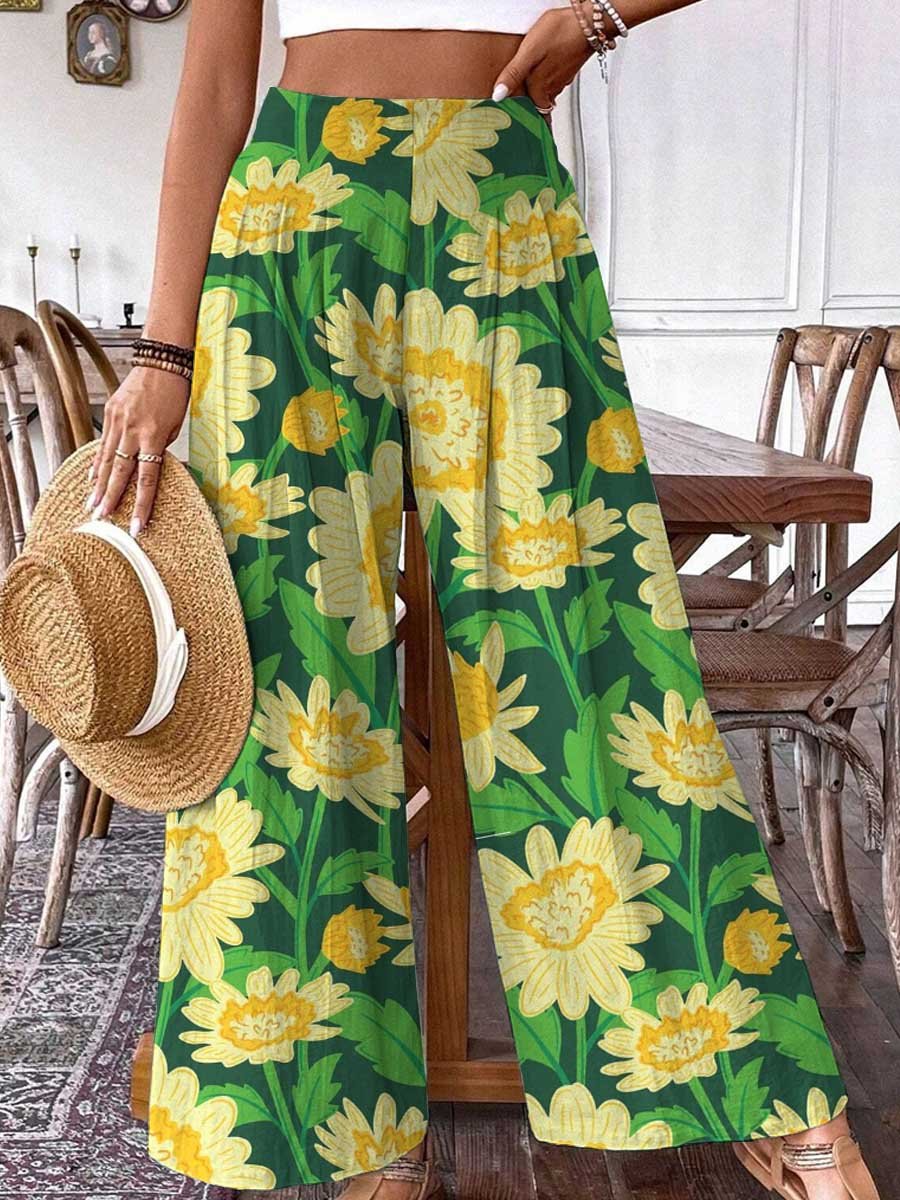 Women's Art Sunflower Floral Pattern Cotton and Linen Pants