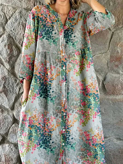 Women's Art Dot Color Shirt Style Cotton and Linen Dress