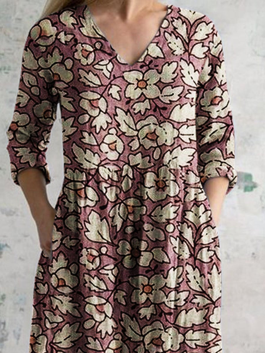 Women's Elegant Vintage Floral Pattern Cotton Dress With Pockets