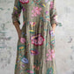 Women's Vintage Elegant Floral Pattern Cotton and Linen Dress with Pockets