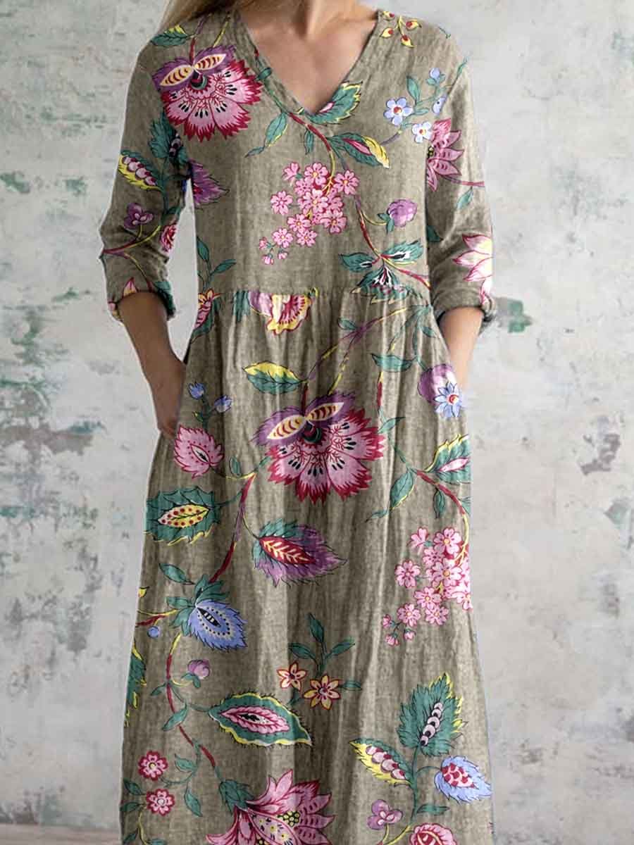 Women's Vintage Elegant Floral Pattern Cotton and Linen Dress with Pockets