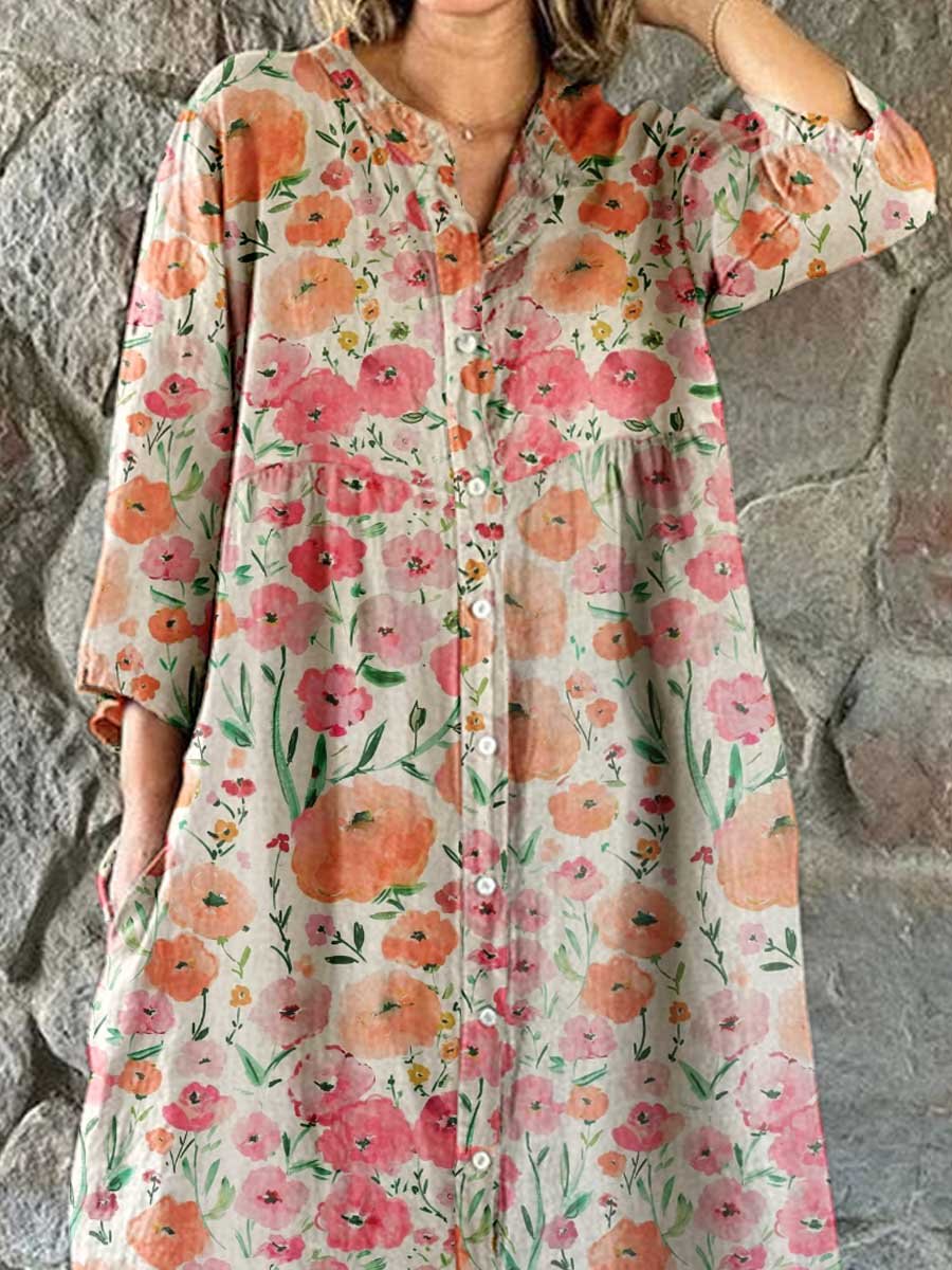 Women's Elegant Vintage Floral Print Shirt Style Cotton and Linen Dress