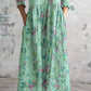 Women's Pastoral Floral V-Neck Cotton and Linen Dress with Pockets