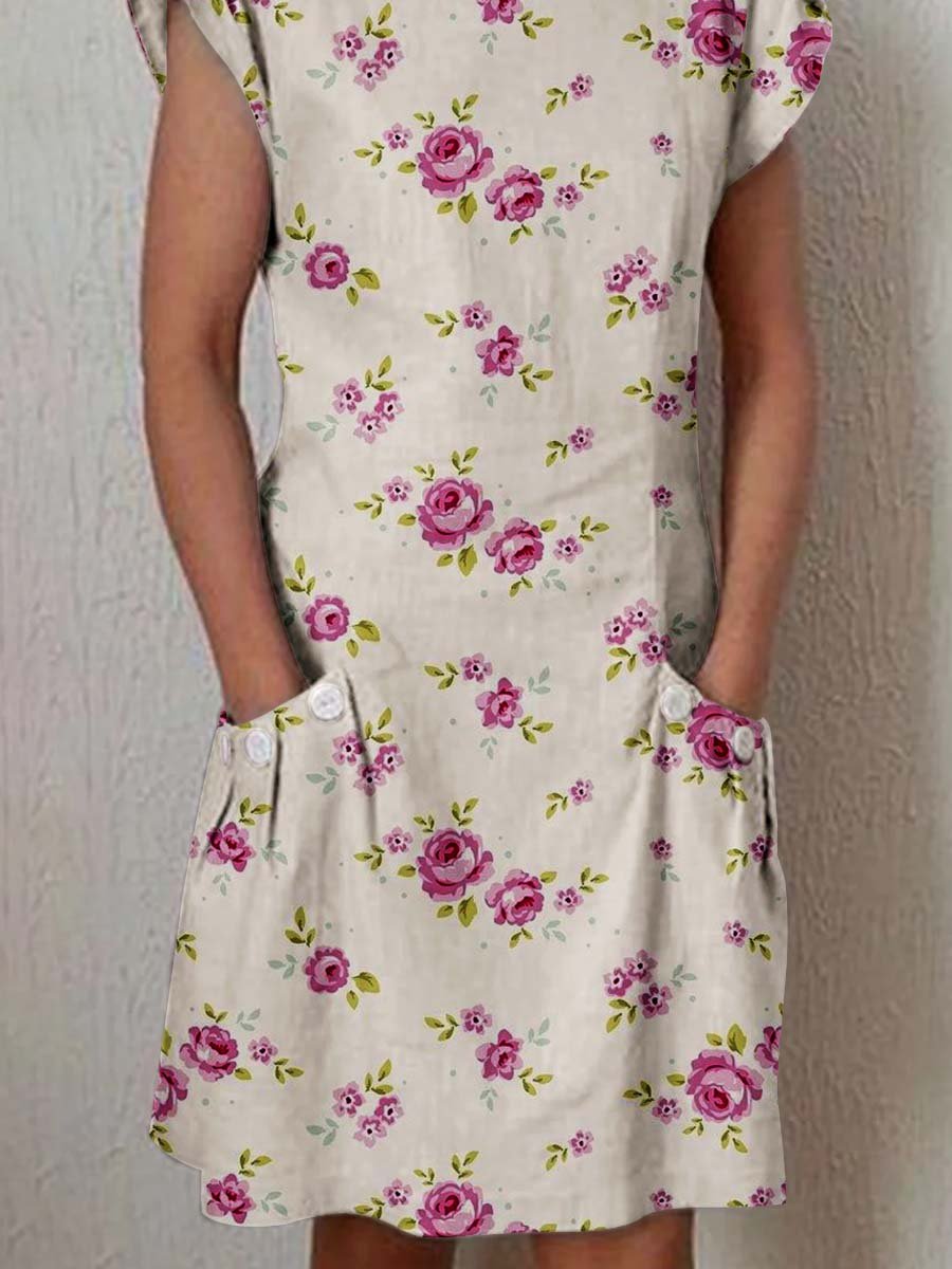 Women's Elegant Floral Pattern Crew Neck Dress