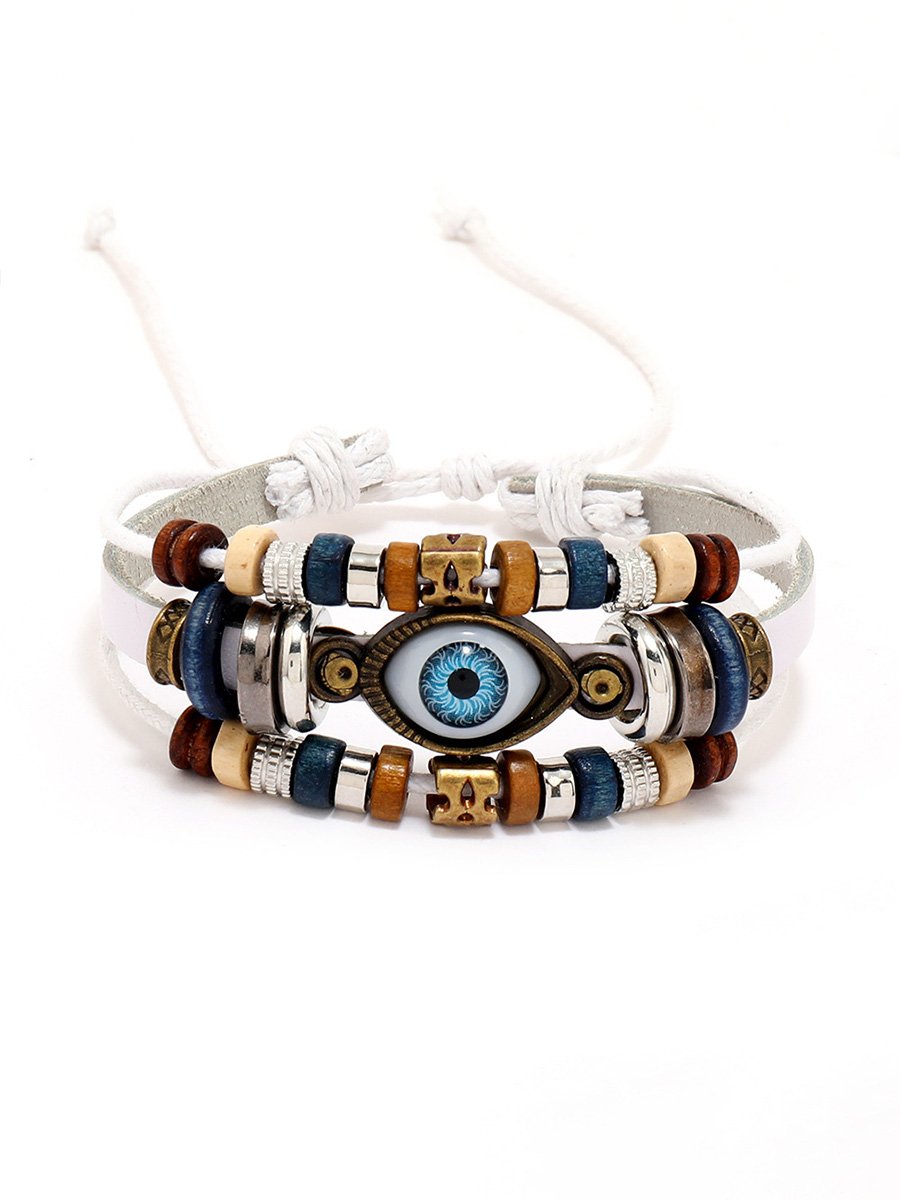 Pull-Adjustable Beaded Eyes Leather Bracelet