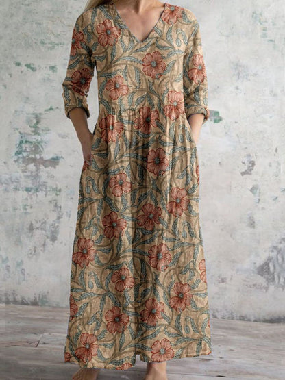 Women's Art Floral Print Casual Vintage Cotton Dress