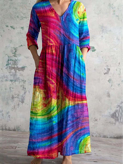 Women's V-Neck Rainbow Gradient Pattern Dress With Pockets