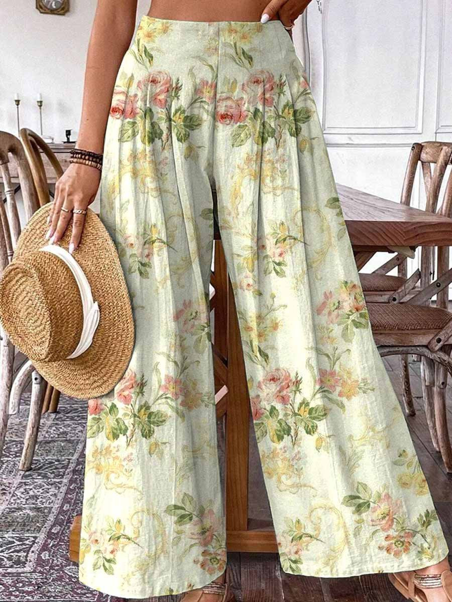 Women's Rose Floral Print Wide Leg Pants