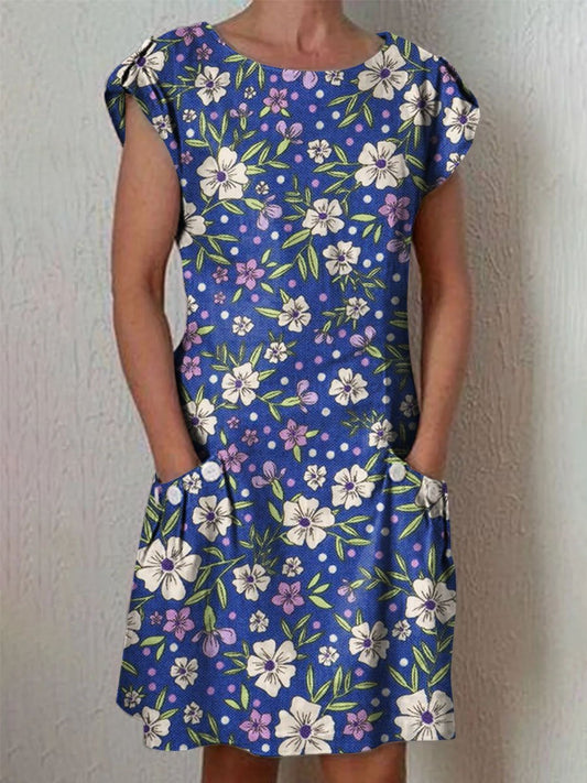 Women's Elegant Vintage Floral Pattern Cotton Dress With Pockets