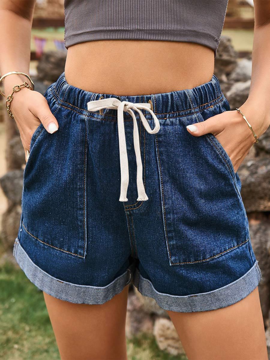 Women's Lace-up Elastic Waist Casual Curled Denim Shorts