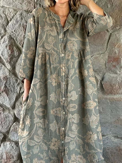 Women's Elegant Simple Shirt Style Cotton and Linen Dress with Decorative Floral Print