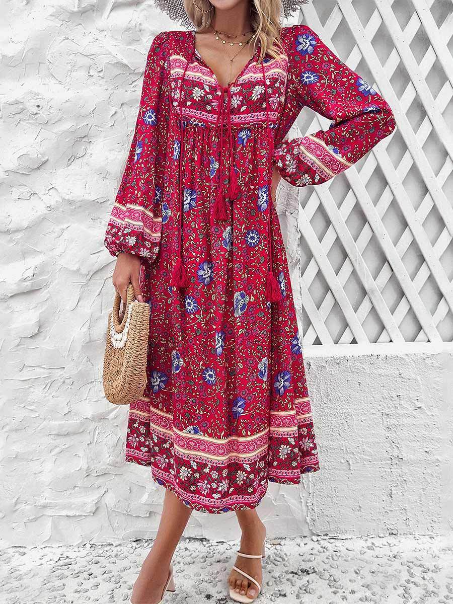 Women's Printed V-Neck Long Sleeve Dress