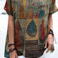 Women's Art Irregular Geometric Pattern Round Neck Cotton and Linen Top