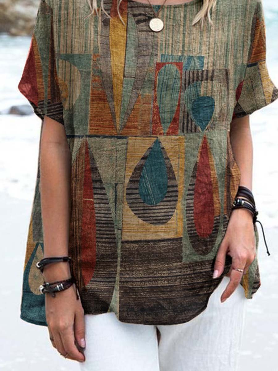 Women's Art Irregular Geometric Pattern Round Neck Cotton and Linen Top