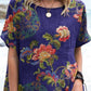 Women's Retro Elegant Floral Round Neck Cotton and Linen Top