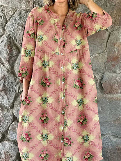 Women's Floral Art Print Cotton and Linen Shirt Dress