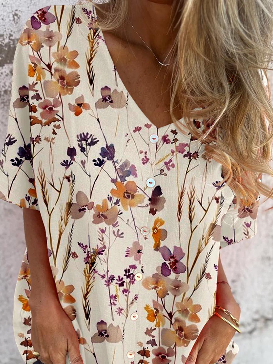 Women's Elegant Floral Pattern Shirt Style Cotton and Linen Top