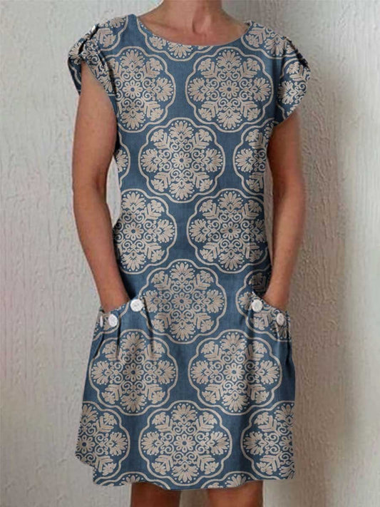 Women's Simple Elegant Decorative Floral Pattern Round Neck Cotton and Linen Dress