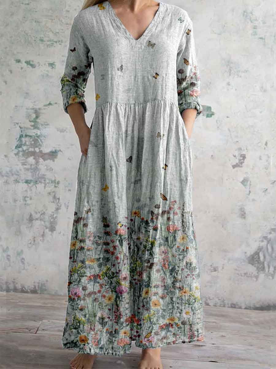 Women's Elegant Butterfly Floral Pattern V-Neck Cotton and Linen Dress