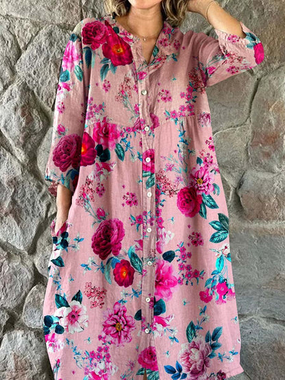 Women's Floral Art Print Cotton And Linen Shirt Dress