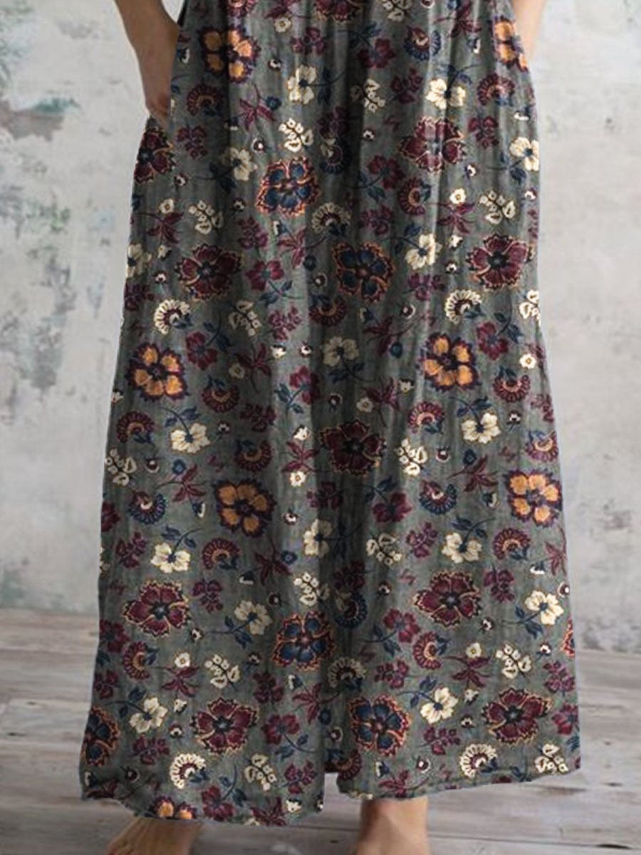 Women's Elegant Vintage Floral Pattern Cotton Dress With Pockets