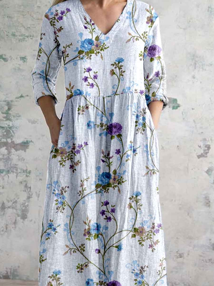 Women's Elegant Ink Painting Floral Pattern Cotton and Linen Dress with Pockets