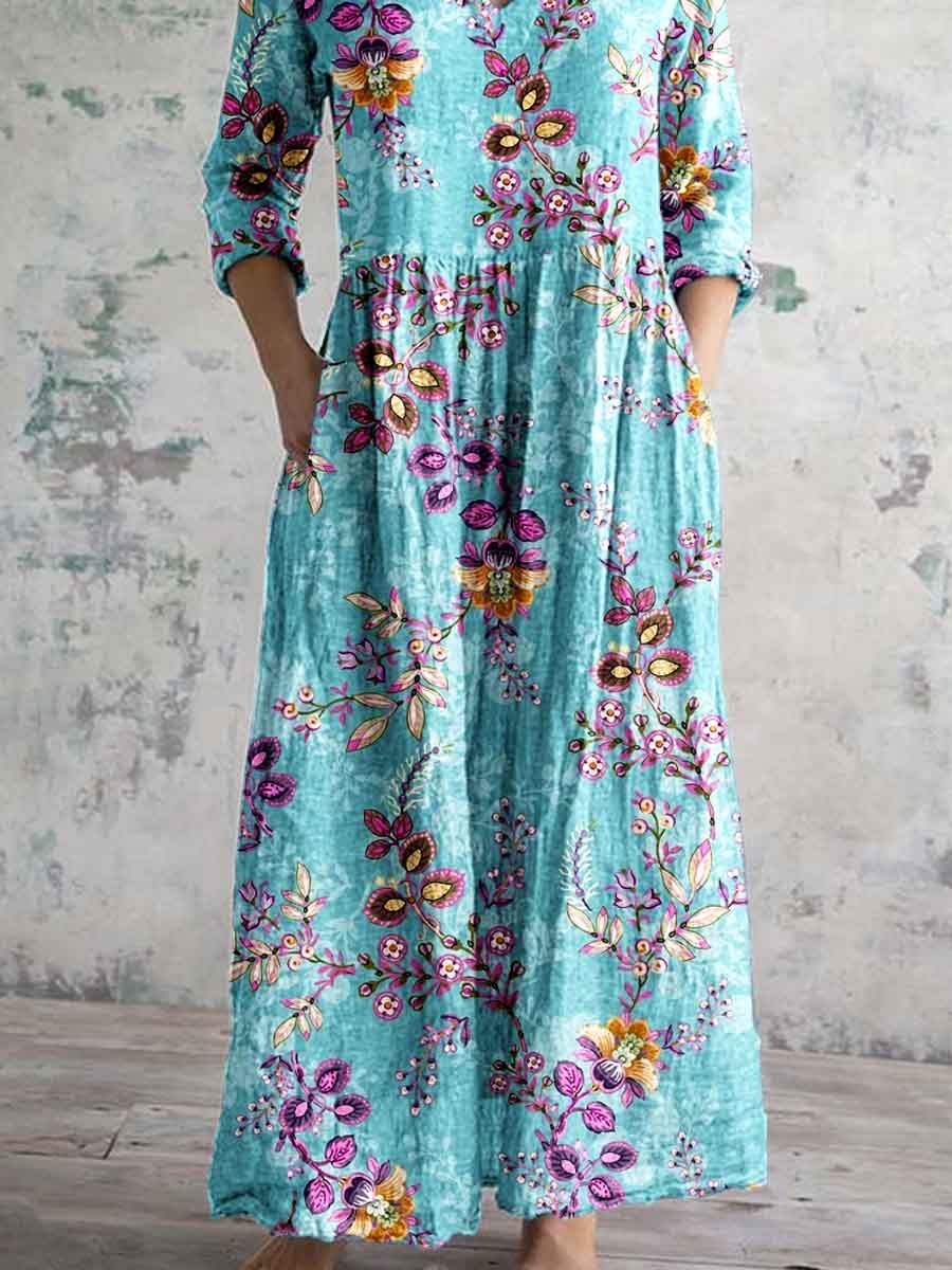 Women's Elegant Rose Floral Print V-Neck Cotton and Linen Dress with Pockets