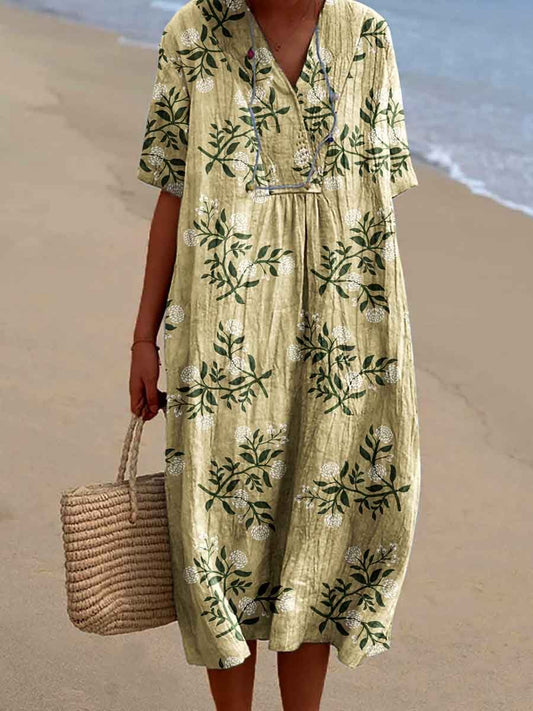 Women's Seaside Vacation Elegant Floral Pattern V-Neck Cotton and Linen Dress