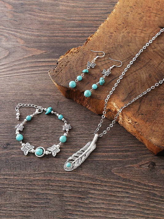 Bohemian Feather Turquoise Versatility Butterfly Necklace Set