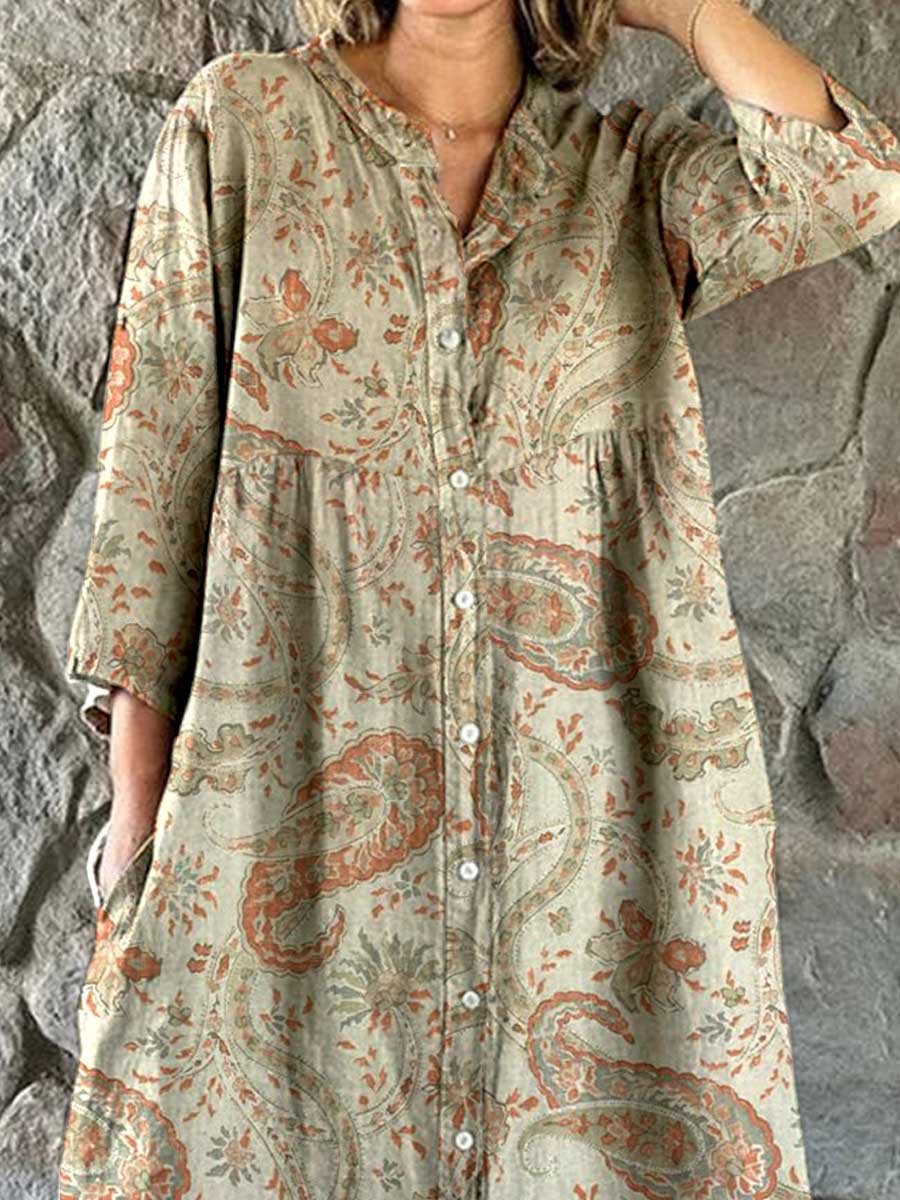 Women's Elegant Pastoral Floral Cotton and Linen Dress