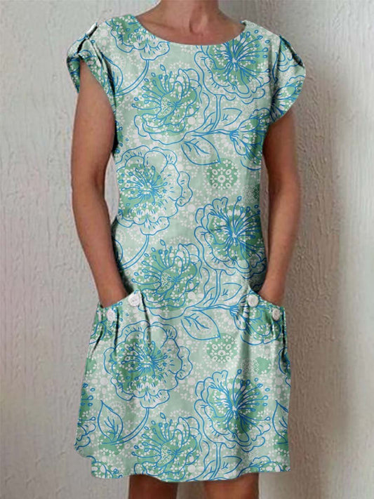 Women's Elegant Floral Pattern Crew Neck Dress