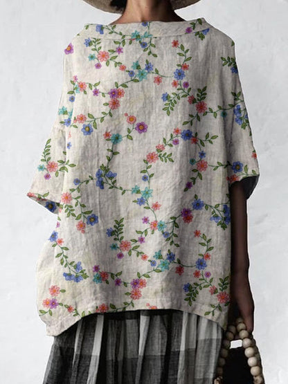 Women's Elegant Floral Pattern Cotton and Linen Top