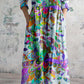 Women's Art Colorful Bohemian Floral V-Neck Cotton and Linen Dress with Pockets