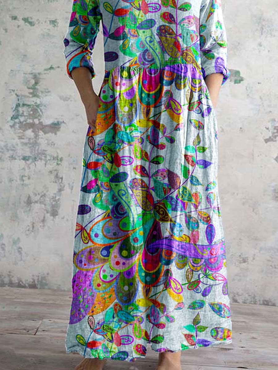 Women's Art Colorful Bohemian Floral V-Neck Cotton and Linen Dress with Pockets